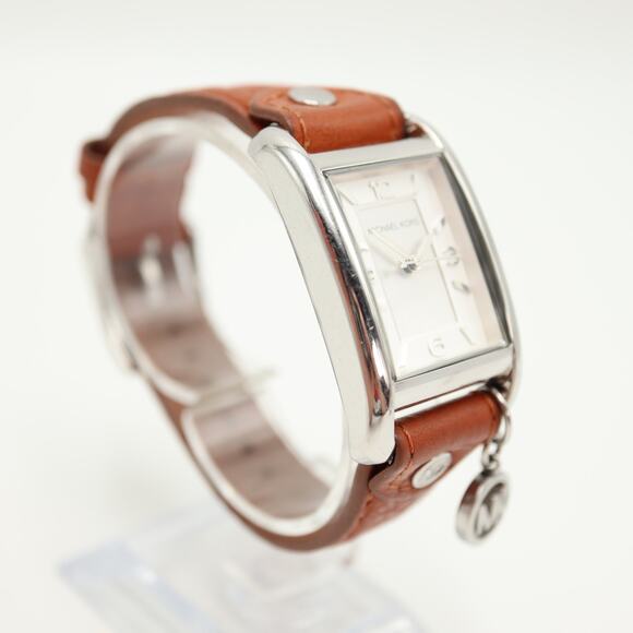 Michael Kors Taylor Tank 26mm Silver Tone Watch Brown Leather w New Battery main image 12